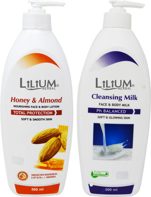 LILIUM Honey & Almond Nourishing Face & Body Lotion with Regular Cleansing Milk, 500ml Each(1000 ml)