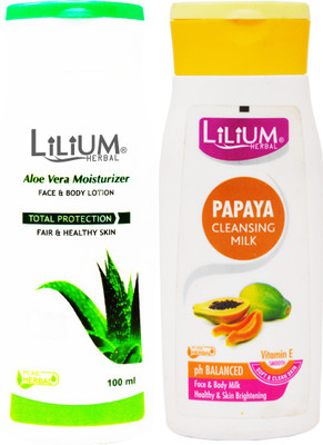 LILIUM Aloe Vera Moisturizer Face & Body Lotion with Papaya Cleansing Milk, 100ml Each(2 Items in the set)