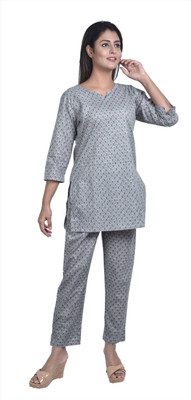 SGM Women Printed Grey Top & Pyjama Set