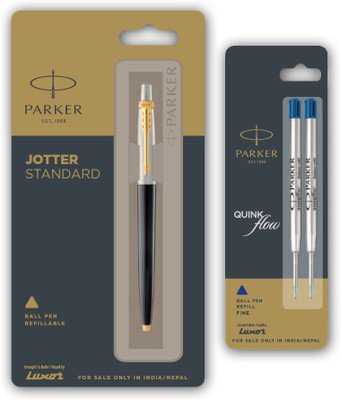 PARKER Jotter Standard Two Ball Pen with Gold Trim and Flow Combo Refill Ball Pen(Ink Color - Blue)