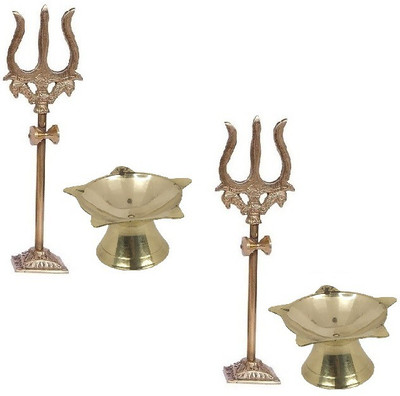De-Ultimate Combo of 2 Pcs Trishul Statue With Square Stand And 2 Pcs (1 No) Small Size Punch Mukhi Diya Brass(Gold)