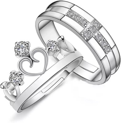 Heer Collection Fashion Jewellery Solitaire Adjustable Couple Rings Silver Plated Crystal Hearts and Crown with Cross Forever Love Free size Couple Band Crown King Queen His or Hers Set Promise Propose Engagement Anniversary Wedding American diamond Stainless Steel Couple Valentine day Gifts Lover S