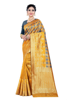 monoria Woven Patola Silk Blend Saree(Gold, Grey)