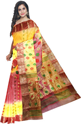 Pradip Fabrics Woven Tant Silk Blend Saree(Yellow, Red)