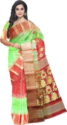 Pradip Fabrics Woven Tant Silk Blend Saree(Red, Light Green)