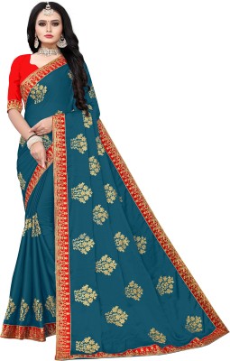 BHAKTI BHUSHAN CREATION Embroidered Bollywood Silk Blend, Polyester Saree(Blue)