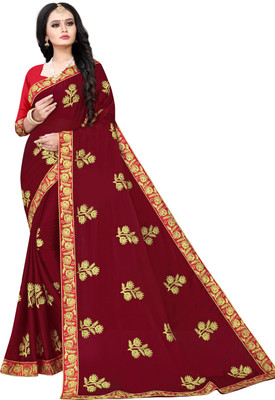 BHAKTI BHUSHAN CREATION Embroidered Bollywood Silk Blend, Polyester Saree(Red, Gold, Maroon)