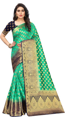 Shopwell Woven Kanjivaram Cotton Silk Saree(Green)
