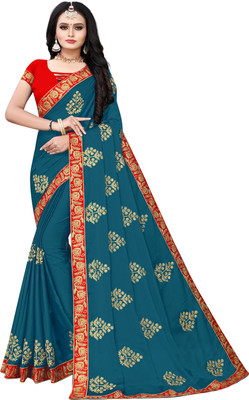 BHAKTI BHUSHAN CREATION Embroidered Bollywood Silk Blend, Polyester Saree(Blue)