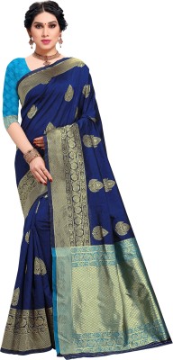 Dhyana Floral Print Banarasi Jacquard Saree(Blue)