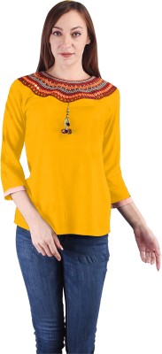 KASHEEDAFAB Casual 3/4 Sleeve Embroidered Women Yellow Top