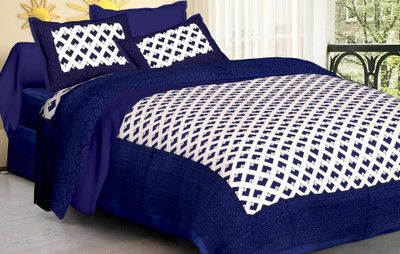 KRISHANATEXTILE 210 TC Cotton Double Jaipuri Prints Flat Bedsheet(Pack of 3, Blue)