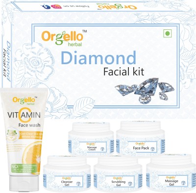 orgello Herbal Facial Kit combo with Face wash - Diamond Facial Kit (5 x 50 g) + Vitamin C face wash (1 x 100 ml) for men women boys girls normal dry oily skin(6 Items in the set)