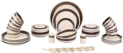 caffeine Pack of 37 Ceramic Handmade Cream & Black Dinner Set(White, Microwave Safe)