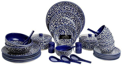 caffeine Pack of 37 Ceramic Handmade Blue Mughal Dinner Set(Blue, Microwave Safe)