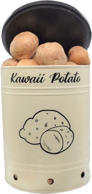 DECORFO Potato Canisters with Wooden Lid | Onion/ Potato Bin Storage Barrel for Kitchen | Vegetable Organiser Storage Container for Kitchen made in metal with aerating holes 11 x 8 (Glossy Ivory) (6 Kg) Steel Fruit & Vegetable Basket(Beige)