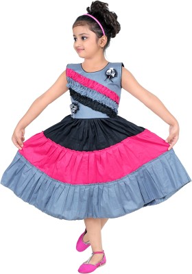 BAHUBALI Girls Midi/Knee Length Casual Dress(Multicolor, Sleeveless)