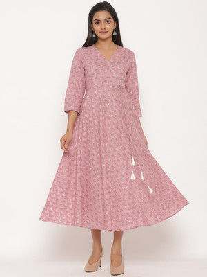 MIRAVAN Women Printed Anarkali Kurta(Pink, Grey, Silver)