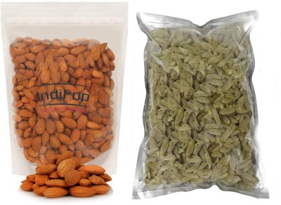 Indipop Enterprises Dry Fruits Combo Pack - Premium Quality Golden Kishmish/Raisins(400gm) & Premium Quality California Almonds/Badam(400gm) - Total 800gm (400gm+400gm) Raisins, Almonds(2 x 400 g)