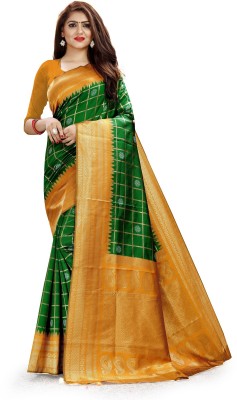 KRIPEE LIFESTYLE Checkered Banarasi Cotton Blend Saree(Green)