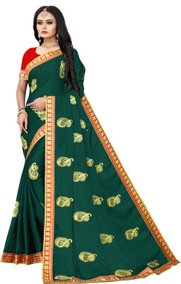 BHAKTI BHUSHAN CREATION Embroidered Bollywood Silk Blend, Polyester Saree(Red, Green, Gold)