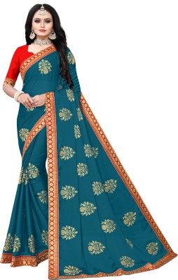 BHAKTI BHUSHAN CREATION Embroidered Bollywood Silk Blend, Polyester Saree(Light Blue, Red, Gold)