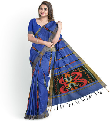 Vairavaa Tex Printed Pochampally Cotton Blend Saree(Blue)
