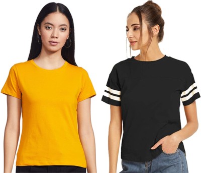 Delux Look Solid Women Round Neck Black, Yellow T-Shirt