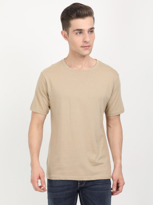Fleximaa Solid Men Round Neck Beige T-Shirt