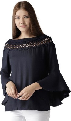 Style Quotient Casual Bell Sleeve Solid Women Blue Top