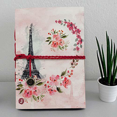 Jhingalala Handmade Diary Notebook with Flower Design Eiffel Tower Printed on front Cover A5 Diary Unruled 160 Pages(Pink)