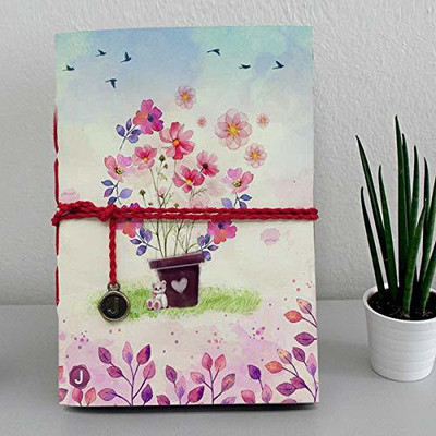 Jhingalala Handmade Diary Notebook with Flowerpot Design Printed on front Cover A5 Diary Unruled 160 Pages(Pink, Blue)