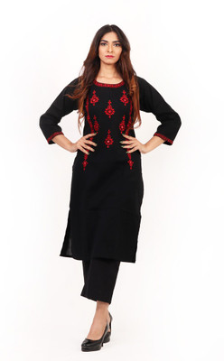 ARBAB Women Embroidered Straight Kurta(Black)