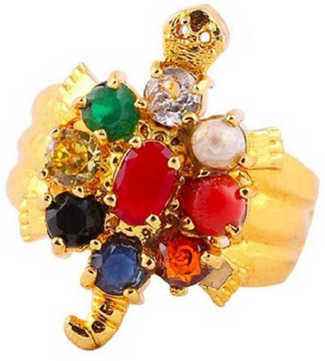 RATAN BAZAAR Navratan Tortoise Ring Natural Stone Navgrah stone 9 Gems Precious Certified stone Astrological Purpose for unisex Stone Crystal Gold Plated Ring