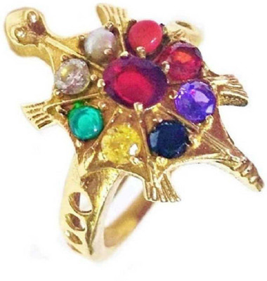 KUNDLI GEMS Navratan Tortoise Ring Natural Stone Navgrah stone 9 Gems Precious Certified stone Astrological Purpose for unisex Stone Crystal Gold Plated Ring