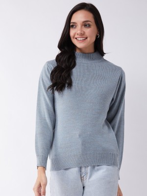 Modeve Solid High Neck Casual Women Light Blue Sweater