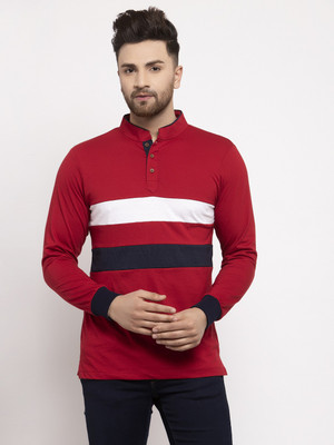 KALT Colorblock Men Mandarin Collar Red T-Shirt