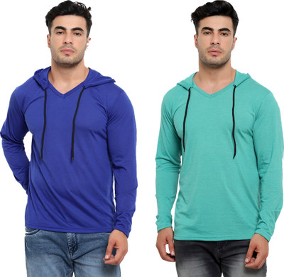 Jaskart Solid Men Hooded Neck Blue, Light Green T-Shirt