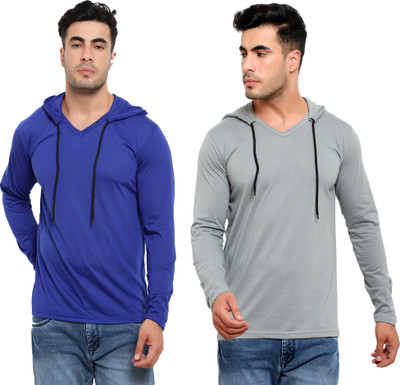 Jaskart Solid Men Hooded Neck Blue, Grey T-Shirt