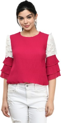 Ziya Fashion Casual 3/4 Sleeve Solid Women Red, White Top