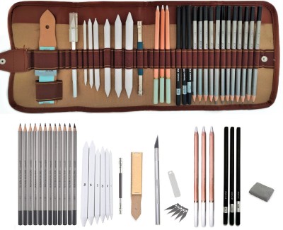 Definite 29 Pieces Professional Sketching and Drawing Art Tool Kit; Graphite Sketch Drawing Pencils (12 Pencils), 3 X Black Charcoal Pencils, 6 X White Paper Stumps Art Blender, 3 X White Charcoal Pencils, 13cm Pencil Extender, 1 X Sandpaper Strip and 1 X Kneadable Eraser, 1 X Detail Hobby Knife (5 