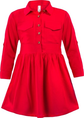 HUNNY BUNNY Girls Midi/Knee Length Casual Dress(Red, Full Sleeve)