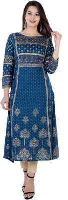 Unisets Women Printed A-line Kurta(Blue)