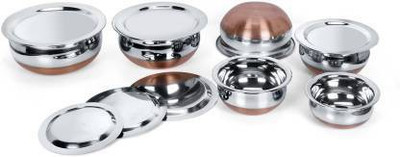 RBGIIT Stainless Steel Decorative Bowl 6HLA Copper Bottom Handi Pot 6 Piece Set/Steel Handi Set 6 Piece Set/Cookware Chetty Combo Serving Handi Cookware Multi Purpose Handi With Lids(Pack of 12, Silver, Brown)