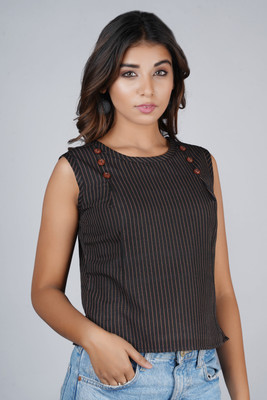 RANGAA NAWAAB Casual Sleeveless Striped, Printed Women Black Top