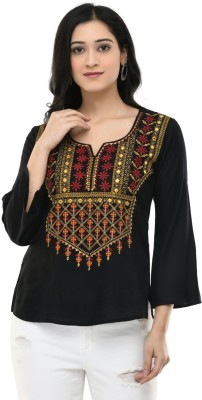 Maahi Casual 3/4 Sleeve Embroidered Women Black Top