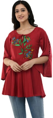 Maahi Casual 3/4 Sleeve Embroidered Women Maroon Top