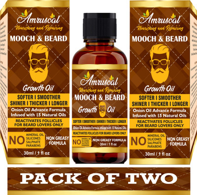 AMRUSOAL Mooch & Beard Growth Oil for Men – PACK OF TWO for Softer, Smoother, Thicker & Longer Beard and Filing Patchy Beard | Made with Pure Essential Oils Beard oil Hair Oil(60 ml)