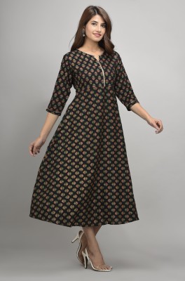 Modern Attire Women Floral Print Flared Kurta(Black)