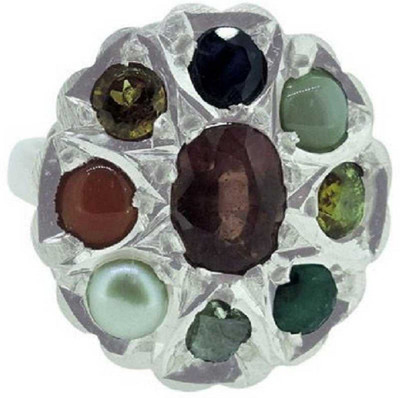 RATAN BAZAAR Navratan Ring Original Lab Certified Navgrah Stone Certified and Astrological Purpose for unisex Stone Crystal Silver Plated Ring